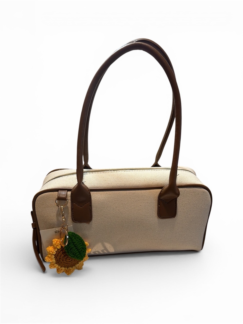 Brown-Trim Cream Canvas Shoulder Bag with Sunflower Charm
